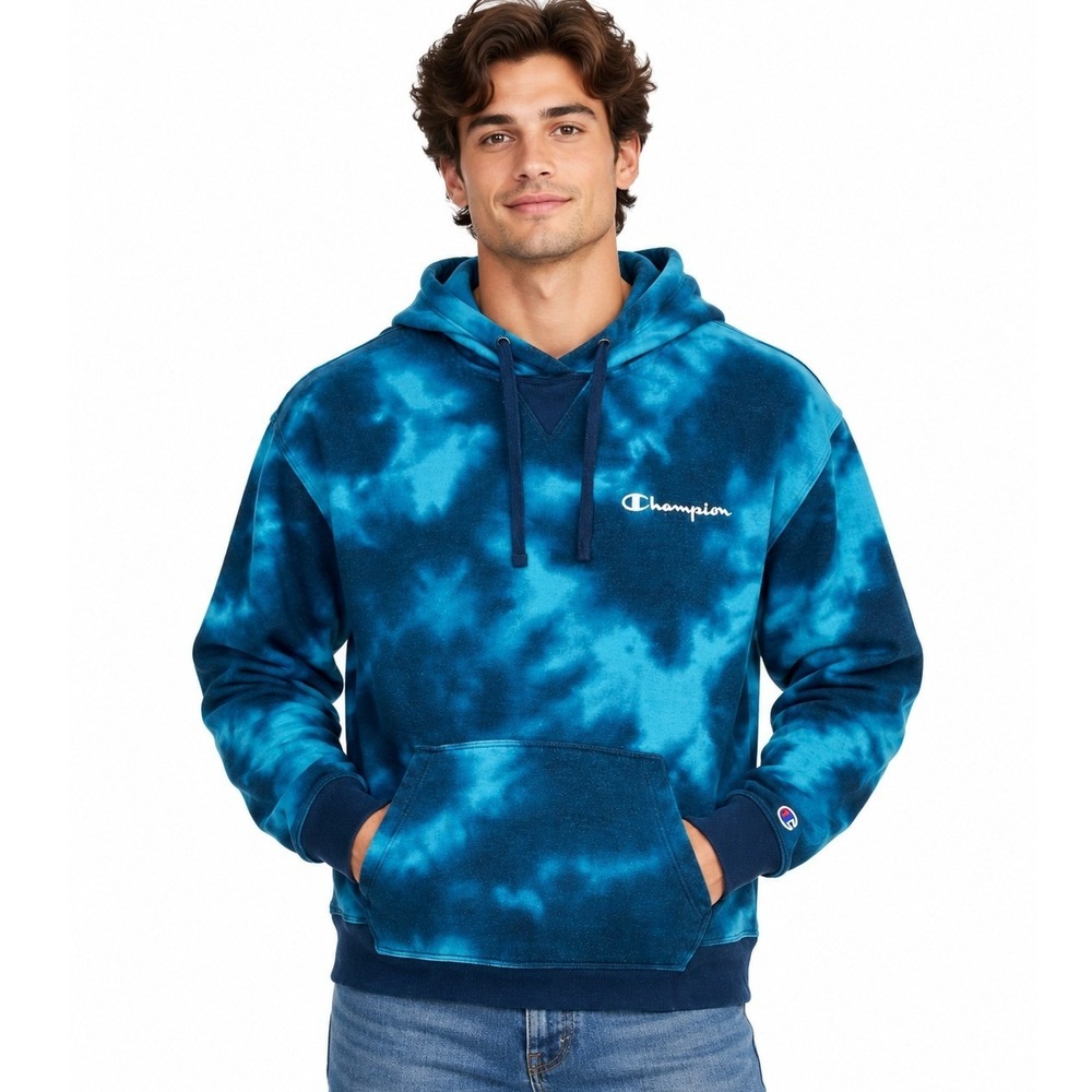 Champion Blue Tie Dye Pullover Hoodie Sweatshirt | Size Medium
